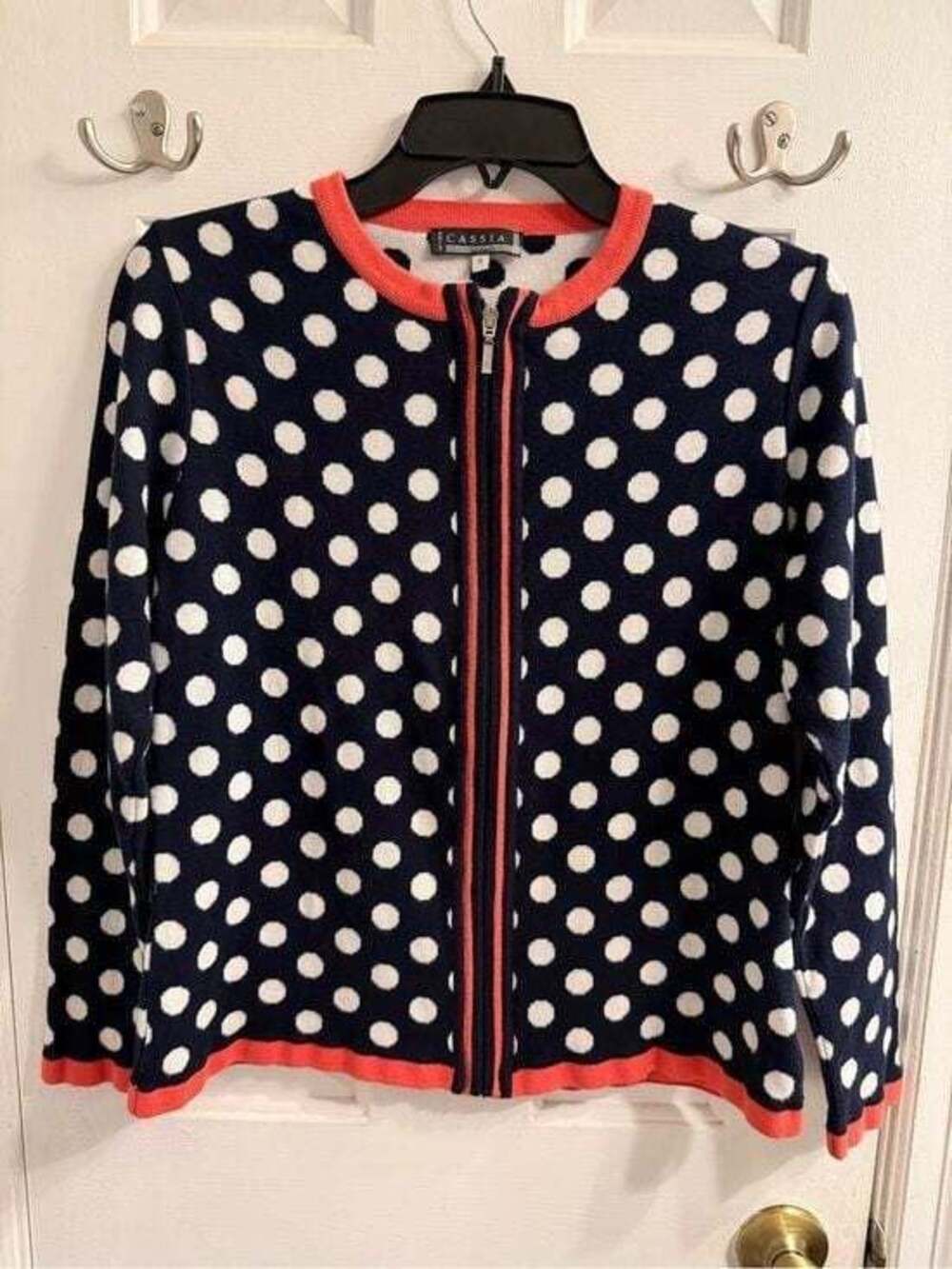 Kris Cassia Navy and White Polka Dot Zip Jacket with Coral Trim Small - Picture 2 of 7